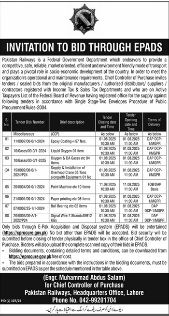 Pakistan Railways Lahore Tender Notice